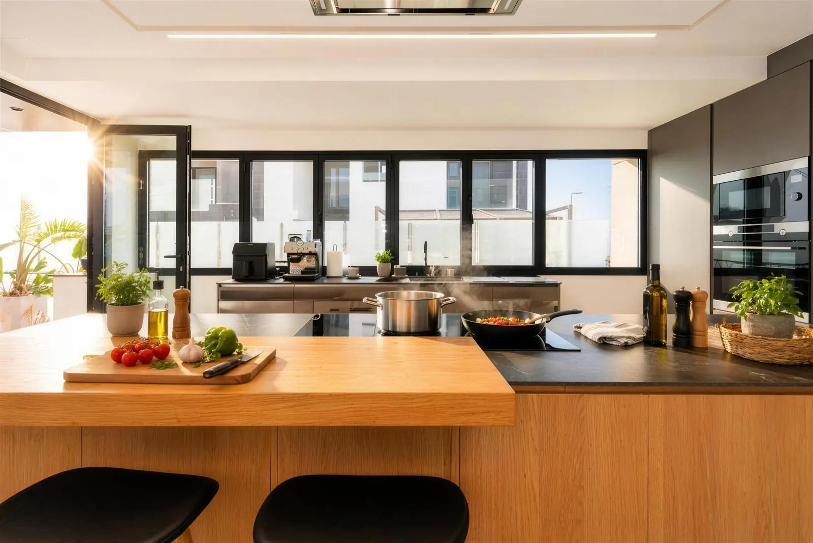 Kitchen with wooden island, induction hob, built-in oven and microwave